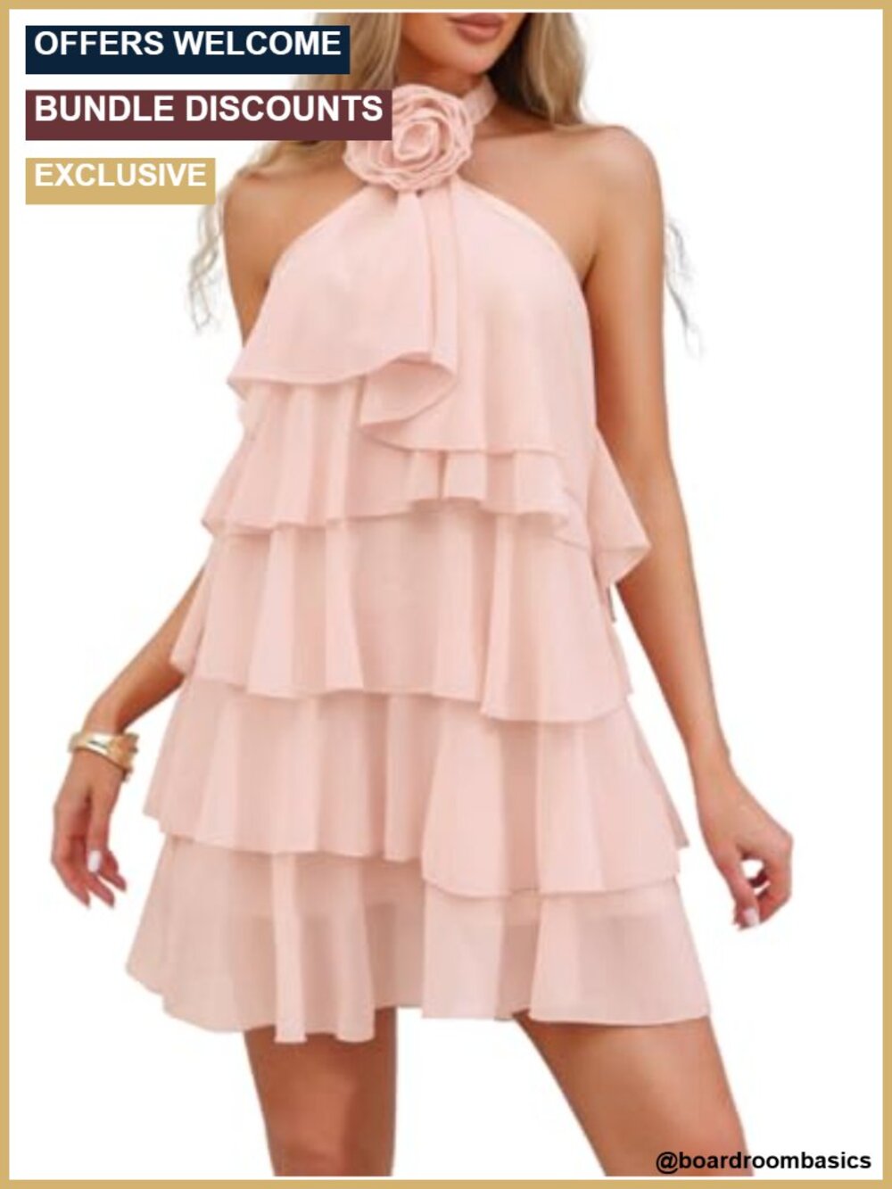 Chiffon Halter Mini Dress with Tiered Ruffles and Removable Floral Detail